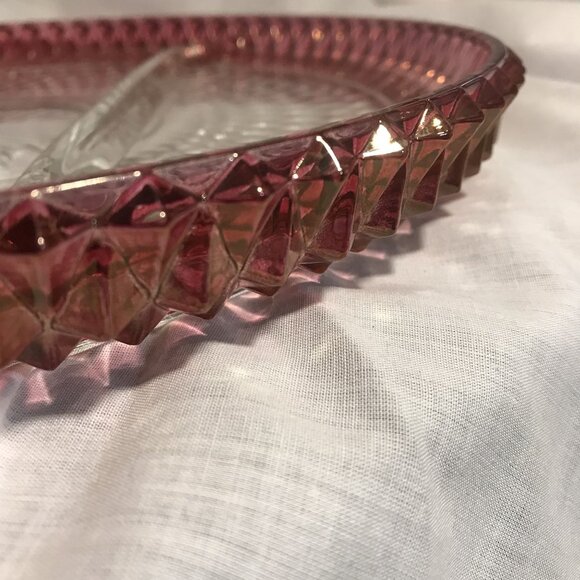 Vintage Indiana Glass Diamond Cut Glass Relish Tray With Ruby Rim 3 Sections 12" - Picture 3 of 9